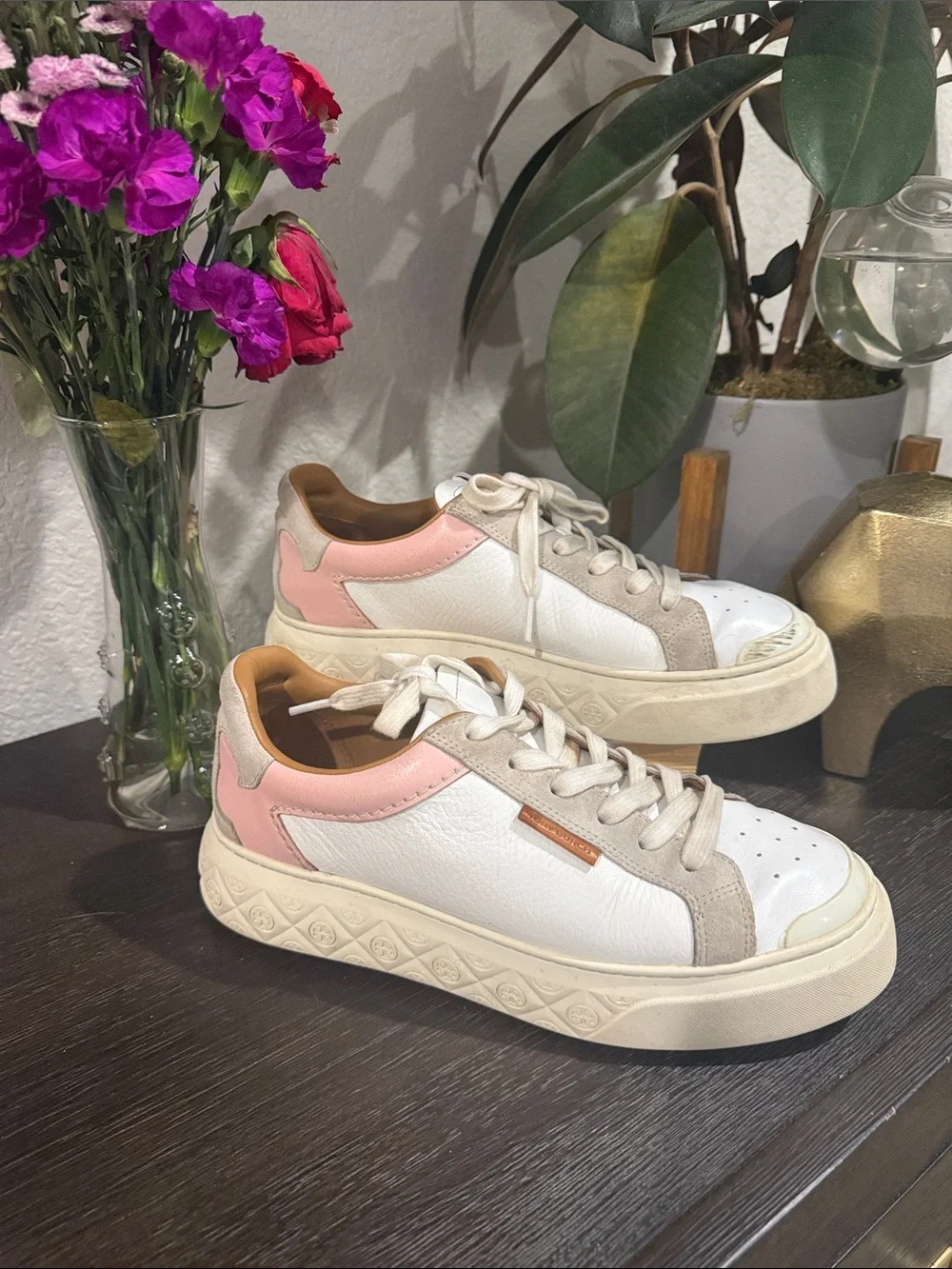 Tory Burch Ladybug Leather Sneakers with Pink & Tan Accents